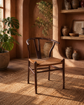 Silla Trama Mix de madera de haya con asiento de cuerda tejida, color chocolate